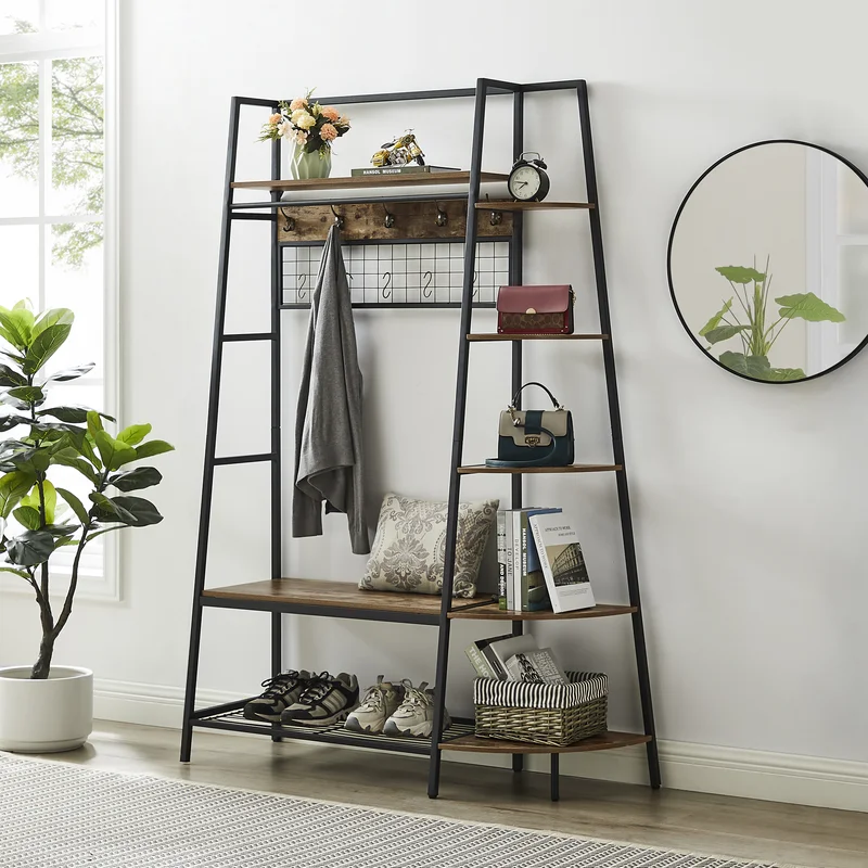 Industrial 4 Tier Shoe Rack w/ Coat Rack Entryway Table Hall Tree w/ 2  Drawers